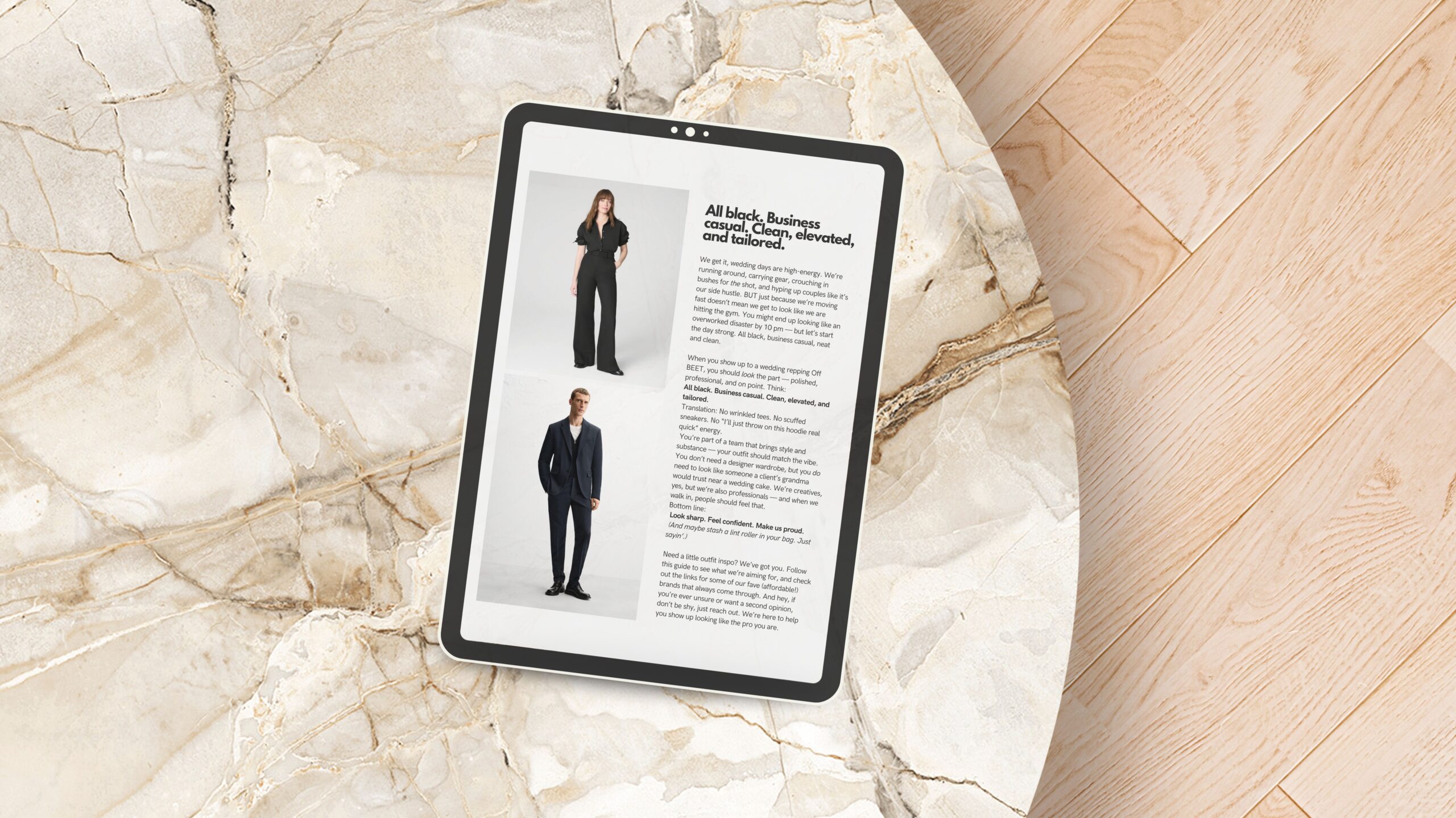Tablet mock-up displaying a wedding photographer and videographer dress code guide with professional all-black outfit examples.